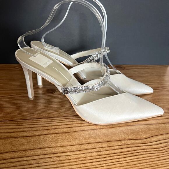 Dolce Vita Kanika White Satin Rhinestone Slip On Heeled Mules Womens 9.5 Pumps - Picture 1 of 15